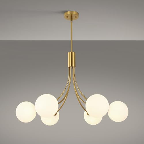 6 Light Modern Gold Sputnik Chandelier Mid Century Brushed Brass Light Fixture with Milk Glass Globes for High Ceiling Dining Room Kitchen Island Living Room