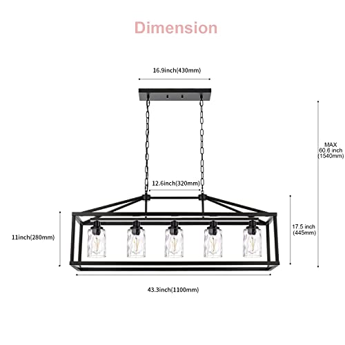 Black Farmhouse Chandeliers Rectangle 5 Light Modern Kitchen Island Pendant Light with Clear Water Glass Industrial Linear Dining Room Lighting Fixture Hanging Flush Mount Ceiling Lights