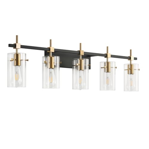 40.1 inch Vintage Brass Bathroom Vanity Light fixtures Bathroom Wall Lights Over Mirror with Glass Shade 5 Light
