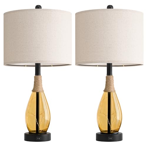 23" Table Lamps for Living Room Set of 2 Bedside Lamps for Night Stands Bedroom Lamps Farmhouse Rattan Boho Lamp Glass Nightlight End Table Lamp
