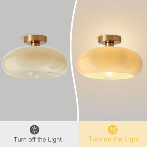 Gold Brass Flush Mount Ceiling Light Fixtures Mid Century Modern Ceiling Lights Brushed Milk Yellow Shade Glass Semi Flush Mount Light for Farmhouse Hallway Kitchen Sink Ceiling Lamp