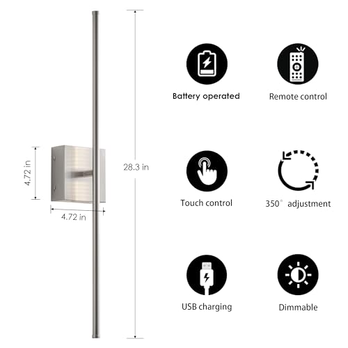 28.3 Inch Wall Sconces Battery Operated for Living Room Nickel (2 Count)