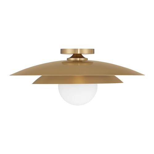 6-5564-1-322 Sherrer Mid-Century Modern White Opal Glass Semi-Flush, 1-Light 60 Watt, 9" H x 20" W, Warm Brass