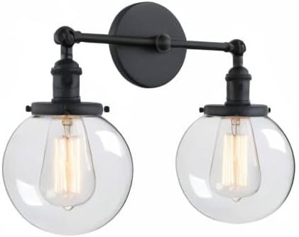 Phansthy 2 Light Industrial Glass Wall Sconce, Bathroom Wall Light with On Off Switch and Swing Arm, 5.9" Diameter Globe Lampshade Wall Lamps for Vanity Mirror Living Room Bedroom (Black)