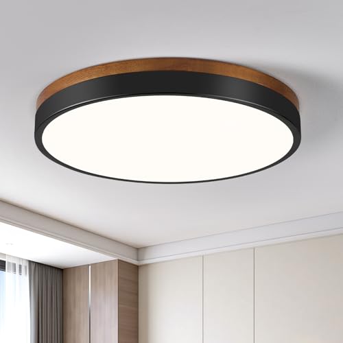 Modern Walnut Wood Black Flush Mount Ceiling Light 11.81 Inch
