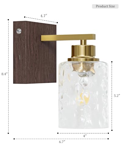 Hammered Glass Battery Operated Wall Sconces Set of Two Gold & Walnut