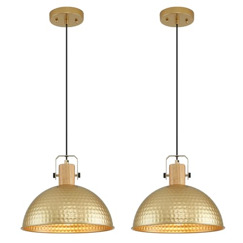 12 Inch Gold Pendant Lights Hammered Matte Pendant Lights for Kitchen Island Industrial Farmhouse Adjustable Height Dome Hanging Light Fixtures for Barn (2 Count)