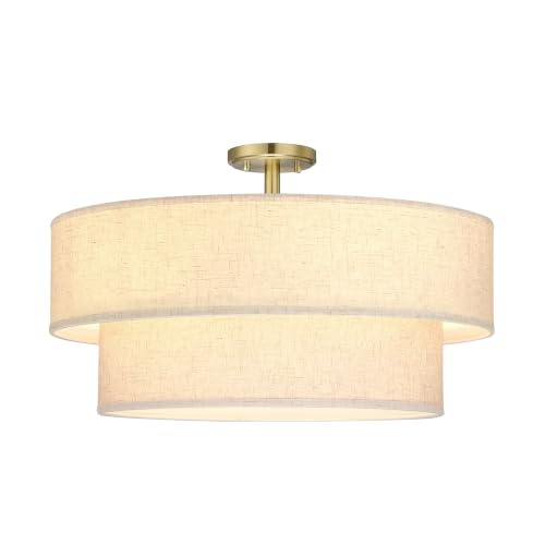 2 Tier 22" Cream Drum Fabric 5 Light Gold Semi Flush Mount Ceiling Light for Living Room Dining Room Bedroom Hallway