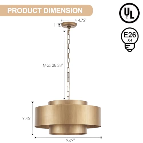 20” Brushed Brass Modern Chandelier Classic 3 Round Metal Pendant Light Contemporary Adjustable Industrial Pendant Light for Dining Room Kitchen Island Living Room Bedroom (3 Count)