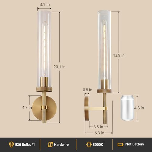 Bathroom Sconces Set of 2 Hardwired Brass Modern Wall Sconces