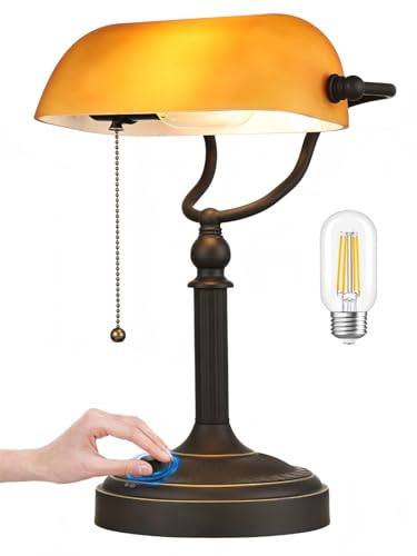 Matted Amber Stepless Dimmable Glass Bankers Desk Lamp