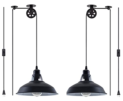 Plug in Pendant Light Industrial Pulley Pendant Lamp E26 Vintage Hanging Light Fixture With 16.4ft Cord On (2 Count)