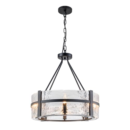 Modern Dining Room Chandelier 21" Black Water Ripple Glass Drum Chandelier