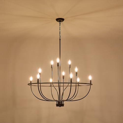 12 Light Farmhouse Oil Rubbed Bronze Chandelier Large High Ceiling Foyer Metal Candle Chandeliers for Dining Room Hanging Lighting for Kitchen Living Room Entryway