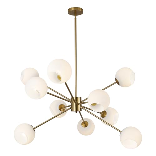 White Milk Glass Hanging Chandelier 10 Lights Mid Century Modern Globe Sputnik Chandelier Gold Pendant Light Fixture Frosted Glass Large Adjustable Dining Room Ball Hanging Chandelier