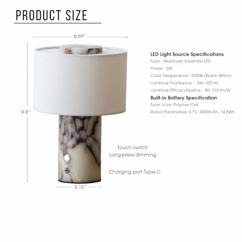 Marble Lamp Rechargeable Cordless Stone Touch Table Lamp
