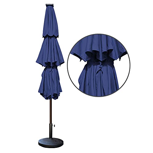 USA 10-Year-Non-Fading 9ft 3-Tier Market Patio Umbrella, Commercial Table Umbrella with 80 Solar LED Lights, Crank Open, Windproof & UPF 50+ UV Protection for Garden, Deck, Pool, Backyard, Navy Blue