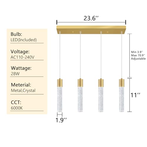 4 Lights Modern Crystal Chandeliers for Kitchen Island Mini Pendants Lighting Fixture LED Ceiling Light for Dining Room Living Room 6000K (4 Count)