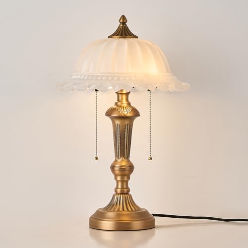 Glass Shade Table Lamp 2 Lights Vintage Metal Desk Lamp with Plug Switch for Bedroom Living Room Home Office Brass and White