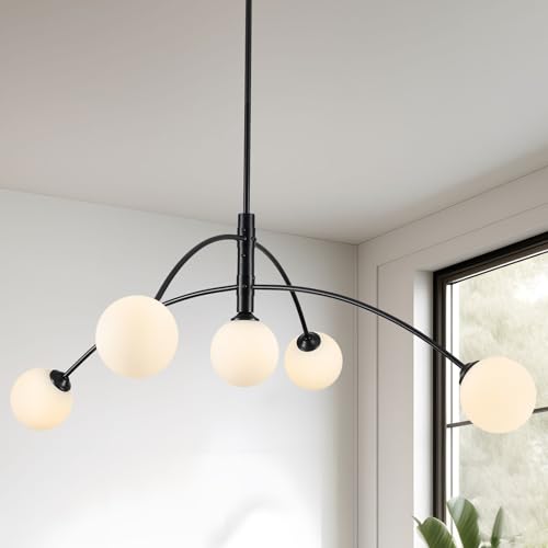 Modern Chandelier 5 Light Black Glass Globe Chandelier Mid Century Sputnik Ceiling Light Fixtures for Dining Room Kitchen Island Bedroom Living Room 41.3IN Diameter