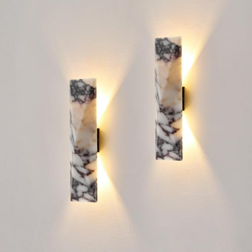 2 Pack 12.6in Natural Alabaster Marble Wall Sconce LED Waterproof Outdoor Indoor Wall Lamp Nordic Up Down Light Fixture Hardwired Metal Base 18W 3000K Universal Voltage for Porch Bedroom Living Room