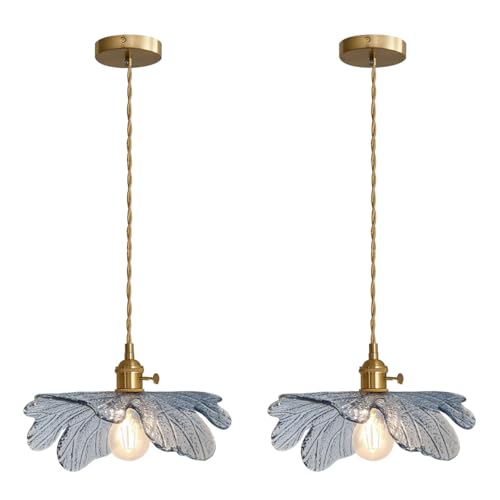 Blue Floral Glass Pendant Lights Kitchen 2 Pack Vintage Mid Century (2 Count)