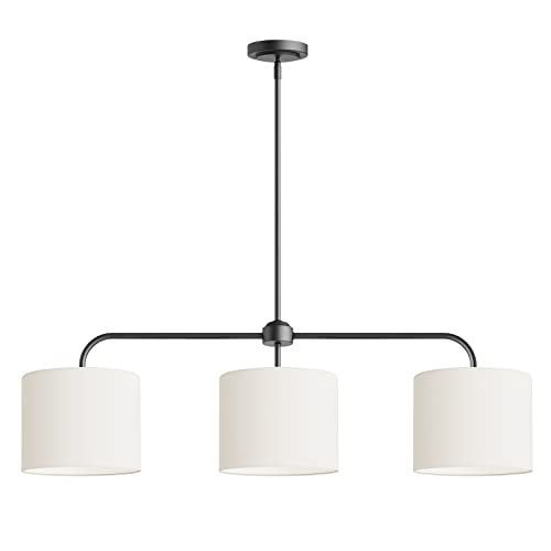 40" W 3 Light White Linen Drum Shade Chandelier with Black Metal Linear Pendant Light Fixture for Kitchen Island
