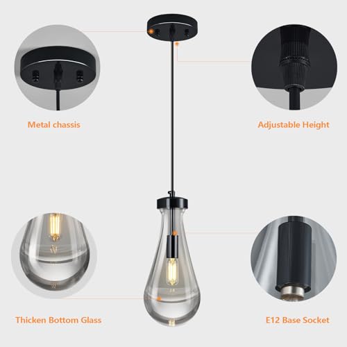 Raindrop Pendant Lights Kitchen Island Teardrop PlatingBlack Hanging Light Fixtures Clear Solid Glass Pendant Light Modern Chandeliers for Dining Room Porch Corridor Living Room (2 Count)