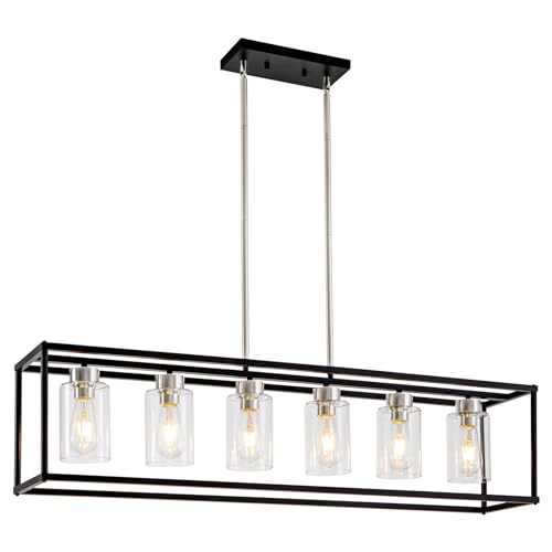 6 Lights Modern Dining Room Light Fixtures Over Table Black & Brushed Nickel Farmhouse Chandeliers Rectangular Pendent Lighting for Kitchen with Glass Shade Linear Hanging Industry Ceiling Light