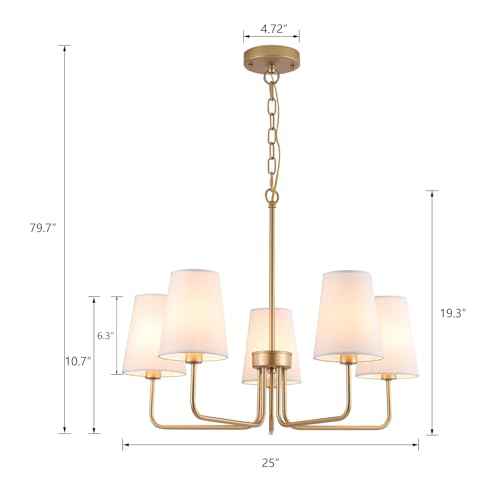 AMZASA Farmhouse Chandelier, 5-Lights Visual Comfort Gold Light, Muted Gold with White Fabric Shade, Linear Island Lighting Fixture for Kitchen, Dining Room