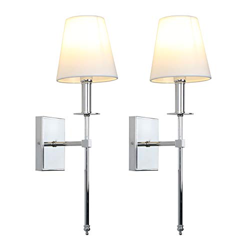 Set of 2 Classic Rustic Industrial Wall Sconce Lighting Fixture with Flared White Textile Lamp Shade and Chrome Tapered Column Stand (2 Count)