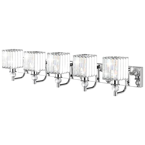 Modern Crystal Bathroom Vanity Light 5 Light 40''Chrome Vanity Lighting Over Mirror Bathroom Wall Lighting Fixtures
