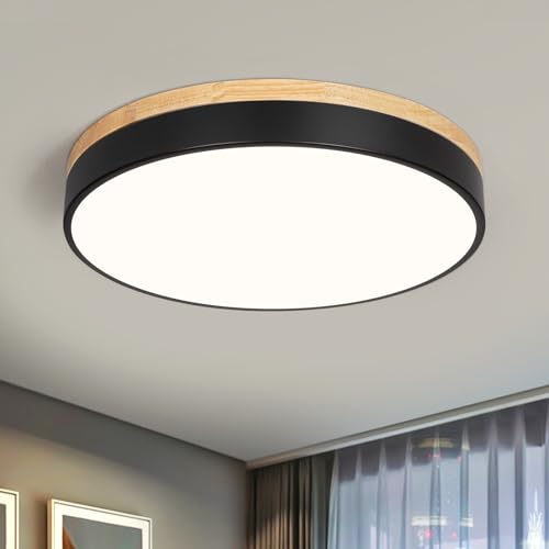 Modern LED Wood Black Round Flush Mount Ceiling Light 15.74 Inch