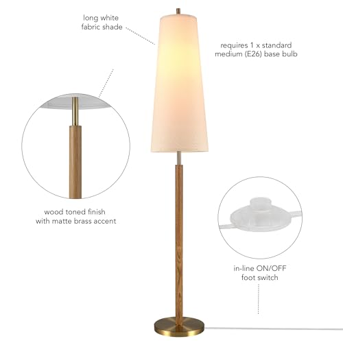 63" Matte Brass Floor Lamp with Wood Toned Accent and Long White Fabric Shade