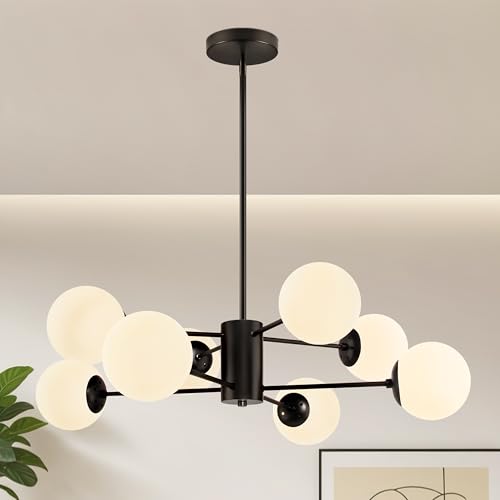8 Light Globe Sputnik Chandelier Black Mid Century Modern Light Fixture Matte Black Finished with White Frosted Globe Glass Lampshade Sputnik Chandeliers for Dining Room Bedroom Kitchen Island (8 Count)