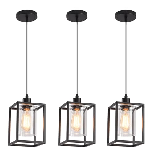 3 Pack Black Pendant Lights for Kitchen Island Industrial Lantern Pendant Light Fixtures with Clear Glass Shade (3 Count)