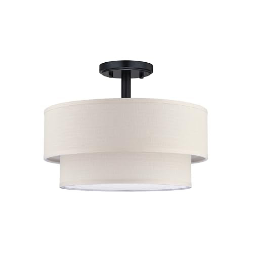 3 Light 12" Cream Fabric Black Semi Flush Mount Close to Ceiling Light Fixture