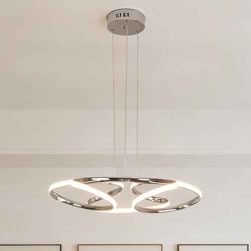 23 inch Modern Chandelier for Dining Room, Kitchen Chandelier & Entryway, Dimmable LED Pendant Light with Adjustable Height, 32W for Hallway, Living Room, Bedroom (Chrome M)