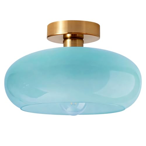 Blue Close to Ceiling Light Fixtures Vintage Flush Mount Ceiling Lights 11" Round Dome Thickened Glass Shade Gold Mid Century Semi Flush Mount Light Hallway Entrance Lighting Fixture