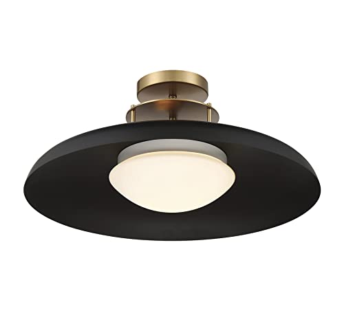 6-1685-1-143 Gavin Vintage Mid-Century Modern White Opal Metal Semi-Flush, 1-Light 60 Watt, 9" H x 20" W, Matte Black & Warm Brass Accents