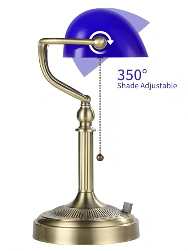 Blue Stepless Dimmable Glass Bankers Desk Lamp