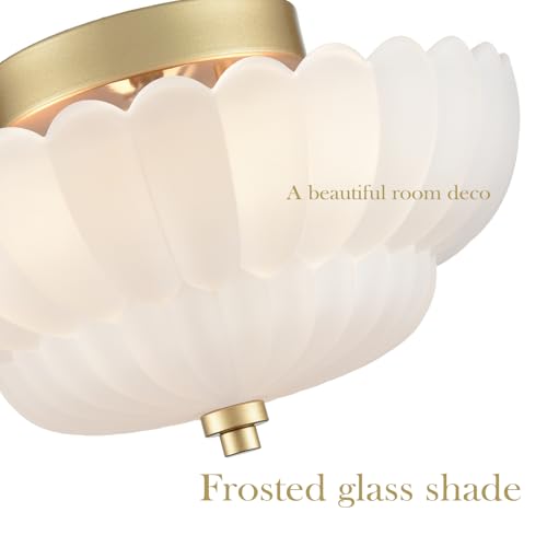 Gold Flush Mount Ceiling Light with Scalloped Frosted Milk Glass
