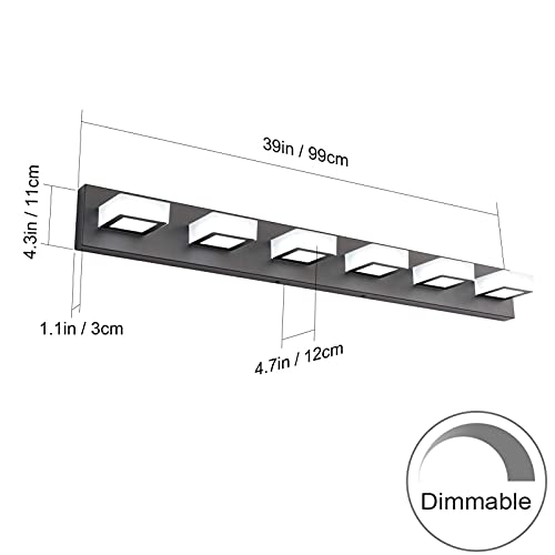 6 Lights LED Modern Dimmable Matte Black Vanity Light Acrylic Modern Vanity Wall Light Over Mirror Dimmable Bathroom Vanity Lighting Fixtures 6000K Cool White Light