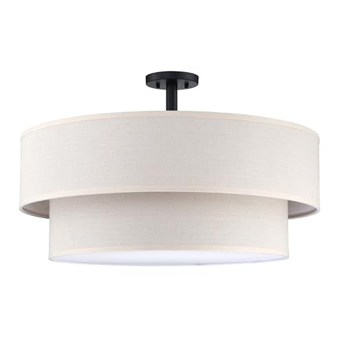 5 Light 24" Cream Fabric Black Semi Flush Mount Close to Ceiling Light Fixture