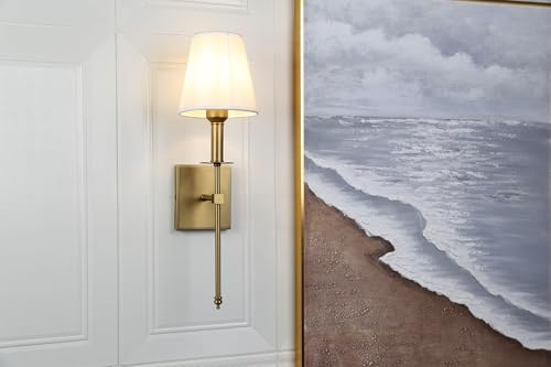 Set of 2 Classic Rustic Industrial Wall Sconce Lighting Fixture with Flared White Textile Lamp Shade and Antique Brass Tapered Column Stand (2 Count)