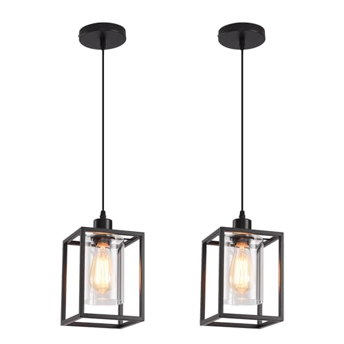 Black Pendant Lights for Kitchen Island Industrial Lantern Pendant Light Fixtures with Clear Glass Shade (2 Count)
