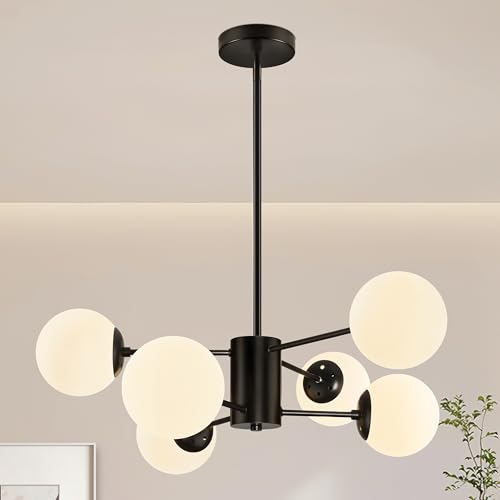 6 Light Sputnik Chandelier Black Sputnik Chandeliers Modern Mid Century Globe Pendant Light Matte Black Finished with White Frosted Globe Glass Lampshade for Dining Room Bedroom Kitchen
