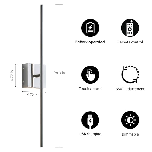 28.3 Inch Wall Sconces Battery Operated for Living Room Chrome (2 Count)