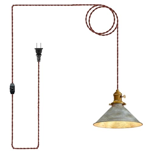 Hanging Lights with Plug in Cord Antique Silver Cage Industrial Pendant Light On