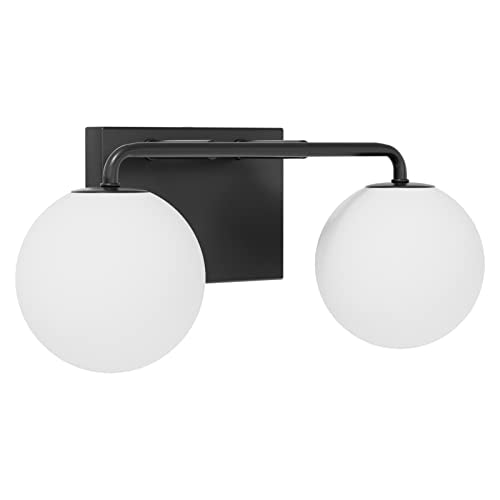 2 Lights Mid Century Vintage Bathroom Vanity Light Fixtures Over Mirror Black Industrial Vanity Lights with Milk White Glass Globe Farmhouse Bath Lighting